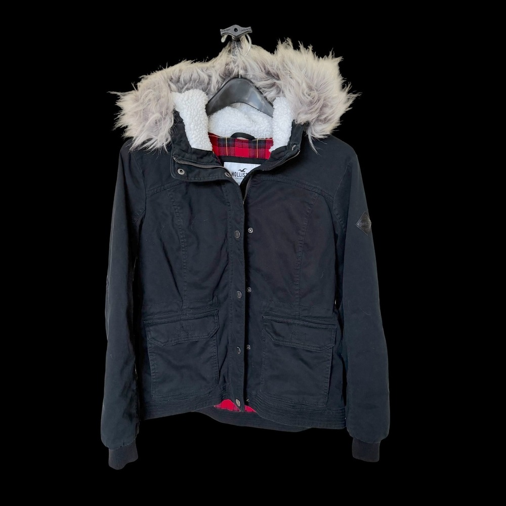 Hollister Heritage Collection Black Faux Fur Hood Plaid Lined Jacket Large